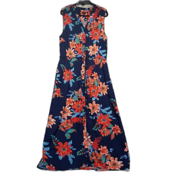 Talbots Dresses & Skirts - Talbots Womens 16 Blue Floral Maxi Shirt Dress Button Down Drawstring Waist Flaw